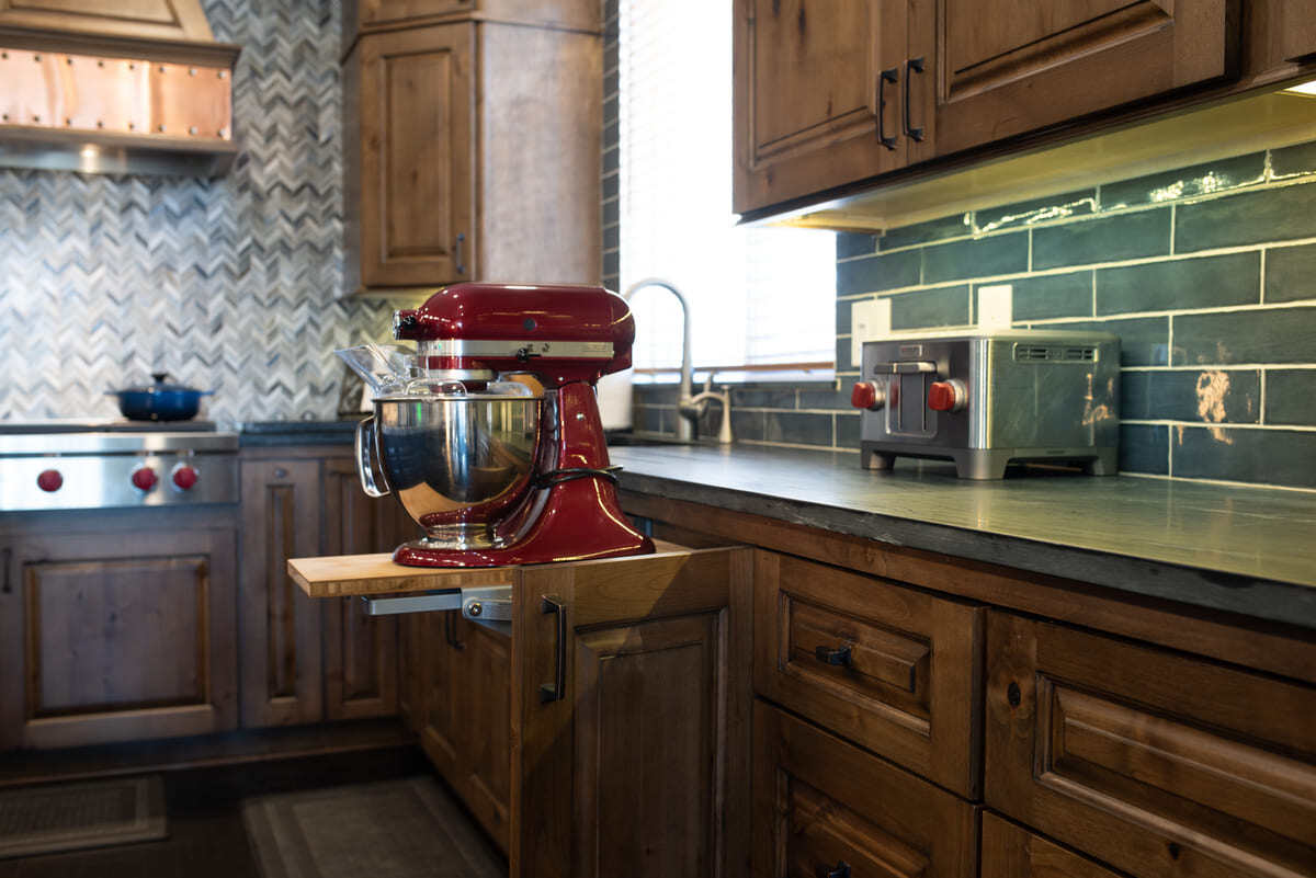 KitchenAid on built-in mixer cabinet with pullout in Fresno kitchen remodel