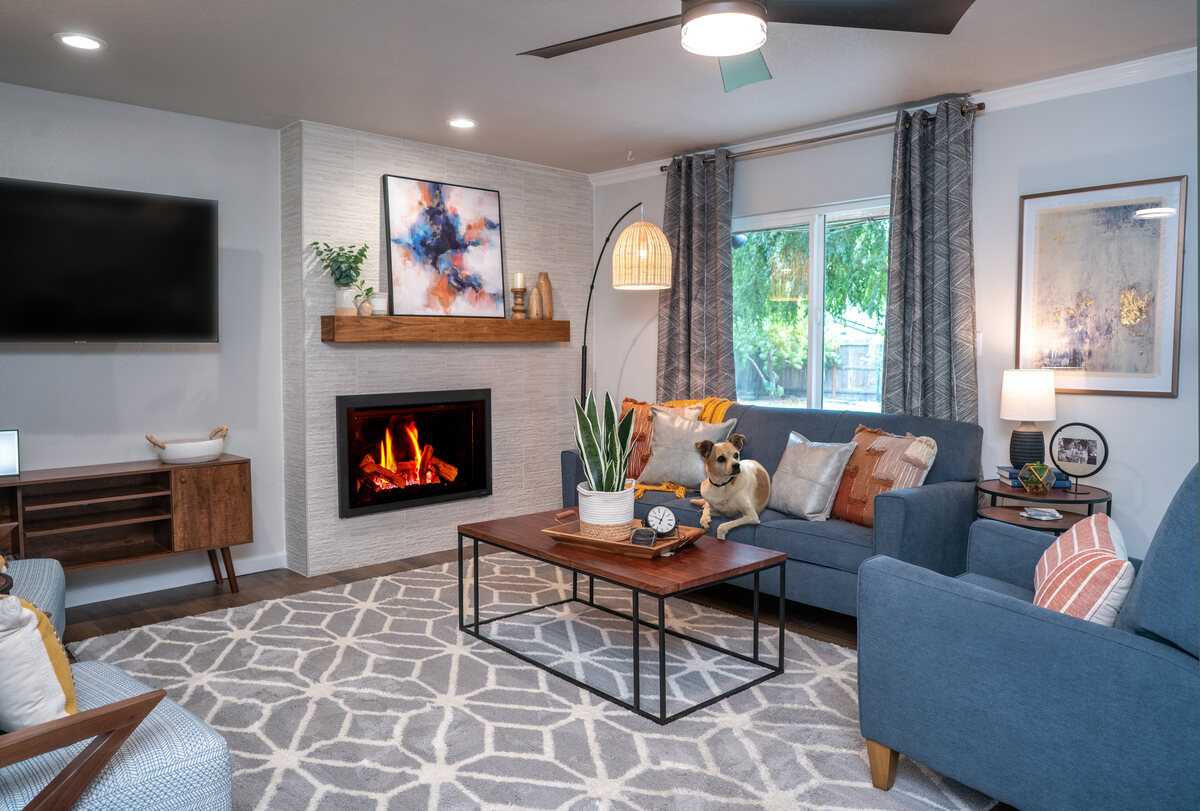 Living room interior designed with rug dog on couch fireplace in Fresno remodel